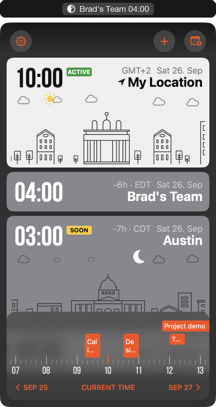 GlobeTempus+ for Mac: the menu bar shows Brad's Team 04:00 above the world clock window