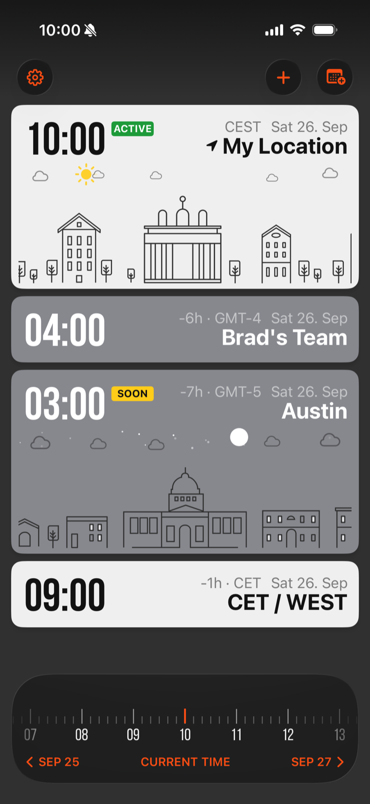 GlobeTempus+ main screen: My Location (active), Brad's Team, Austin (soon) and CET / WEST