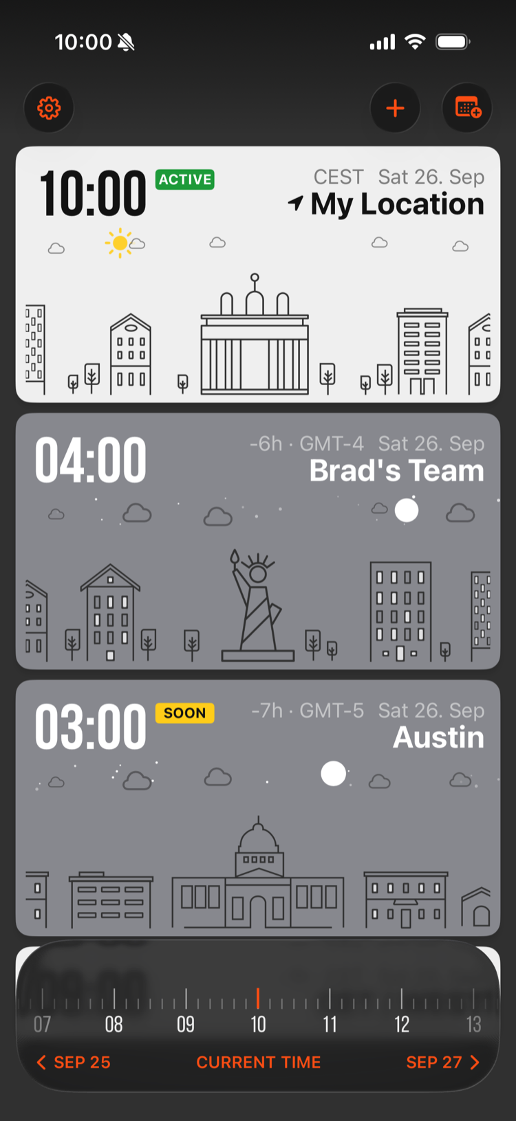 Clocks for My Location, Brad's Team and Austin with day and night city skylines