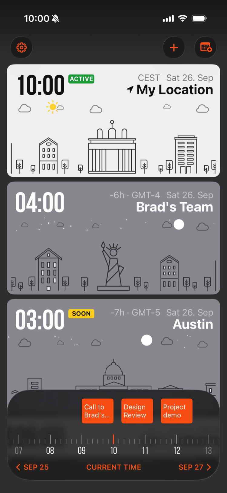 Calendar events on the timeline under the clocks