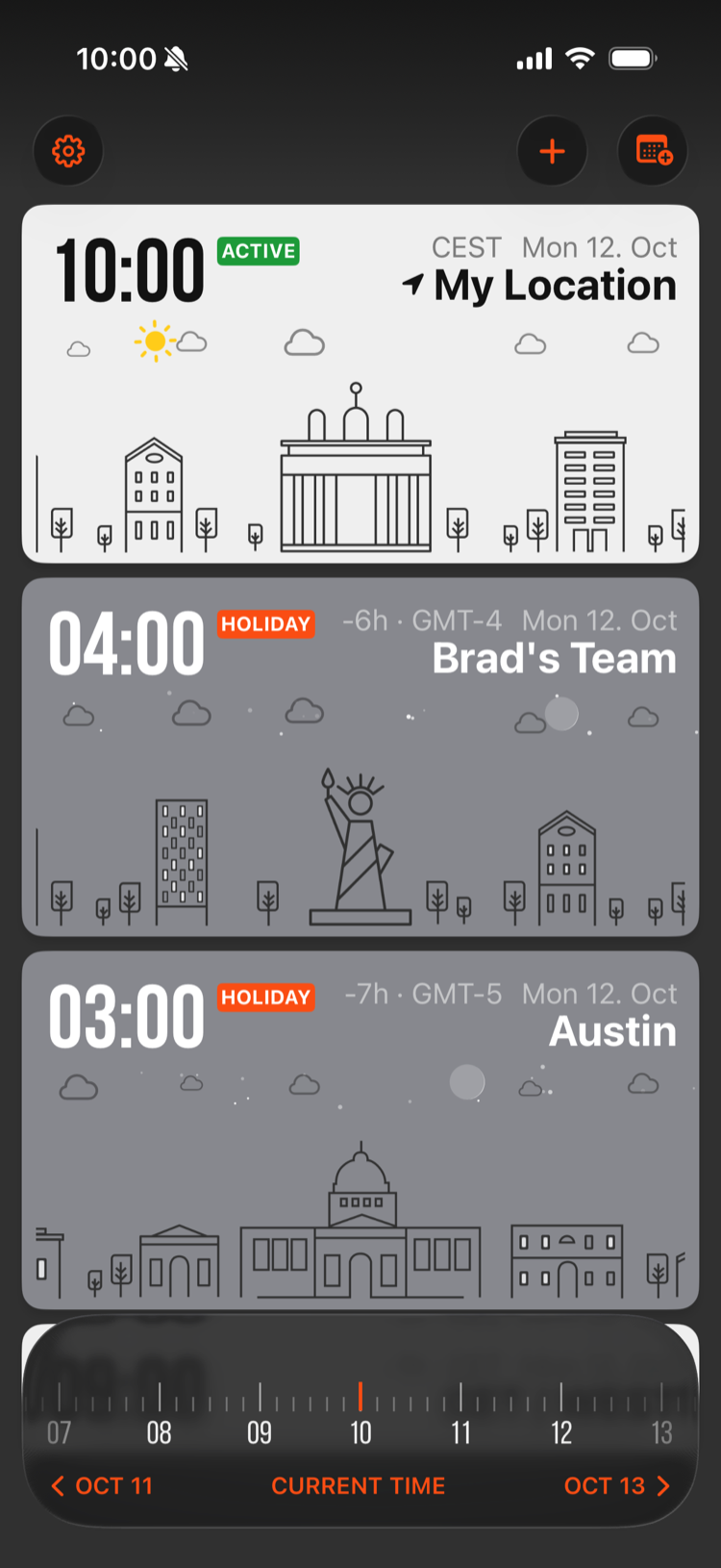 Brad's Team and Austin marked HOLIDAY on a day off in the US, while Berlin is at work